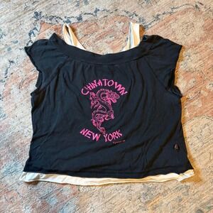Newbreed Girl Y2K Chinatown New York Dragon Layered Crop Top Black Pink XL